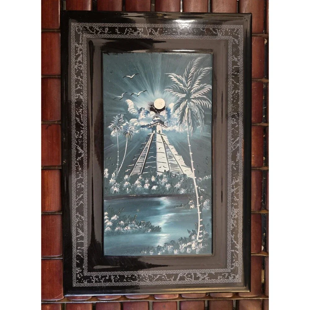 Chichen Itza Mayan Pyramid Solstice Painting on Clay Tile Signed 12